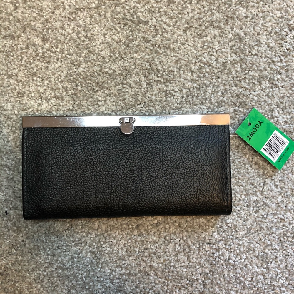 2Moda Black Leather Clutch w/Silver Metal Details